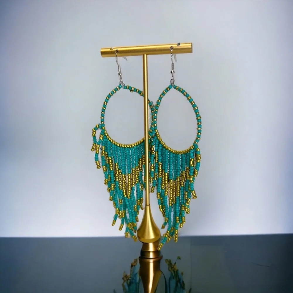 Boho Bliss: Teal & Gold Beaded Dangle Earrings to Dazzle Your Style! NWT